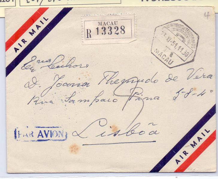 1224 v.jpg -     Lote:    1224 (verso)            Macau       Descrição:         1948/1951 &mdash; Motivos locais + Vultos do Oriente. Sobrescrito circulado registado de Macau (23.11.51) para Lisboa (27.11.51) com selo de 2 Patacas CE336 + 2 selos de 20 avos CE360.        Carta       Valor Base:     &euro; 15,00     Valor Venda:     &euro; 22,00     